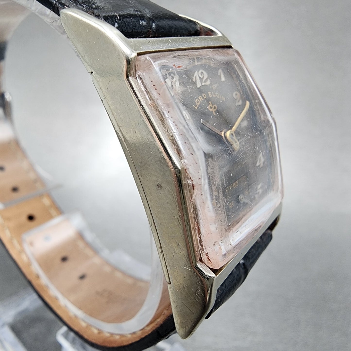 Lord Elgin Tank Watch Men 23mm Black Dial Silver Tone Manual Rectangle Runs