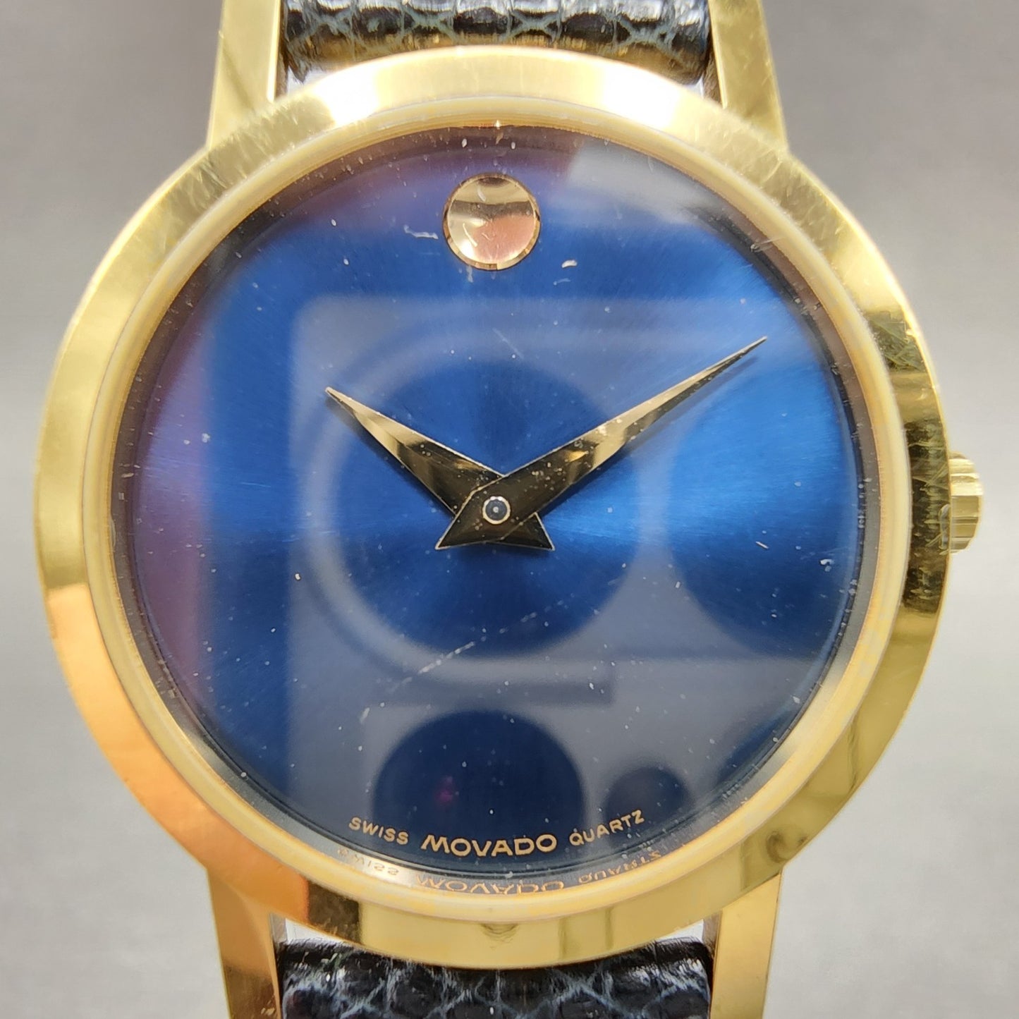Movado Museum Watch Women 25mm Blue Dial Gold Plated Round Lizard Band New Batt