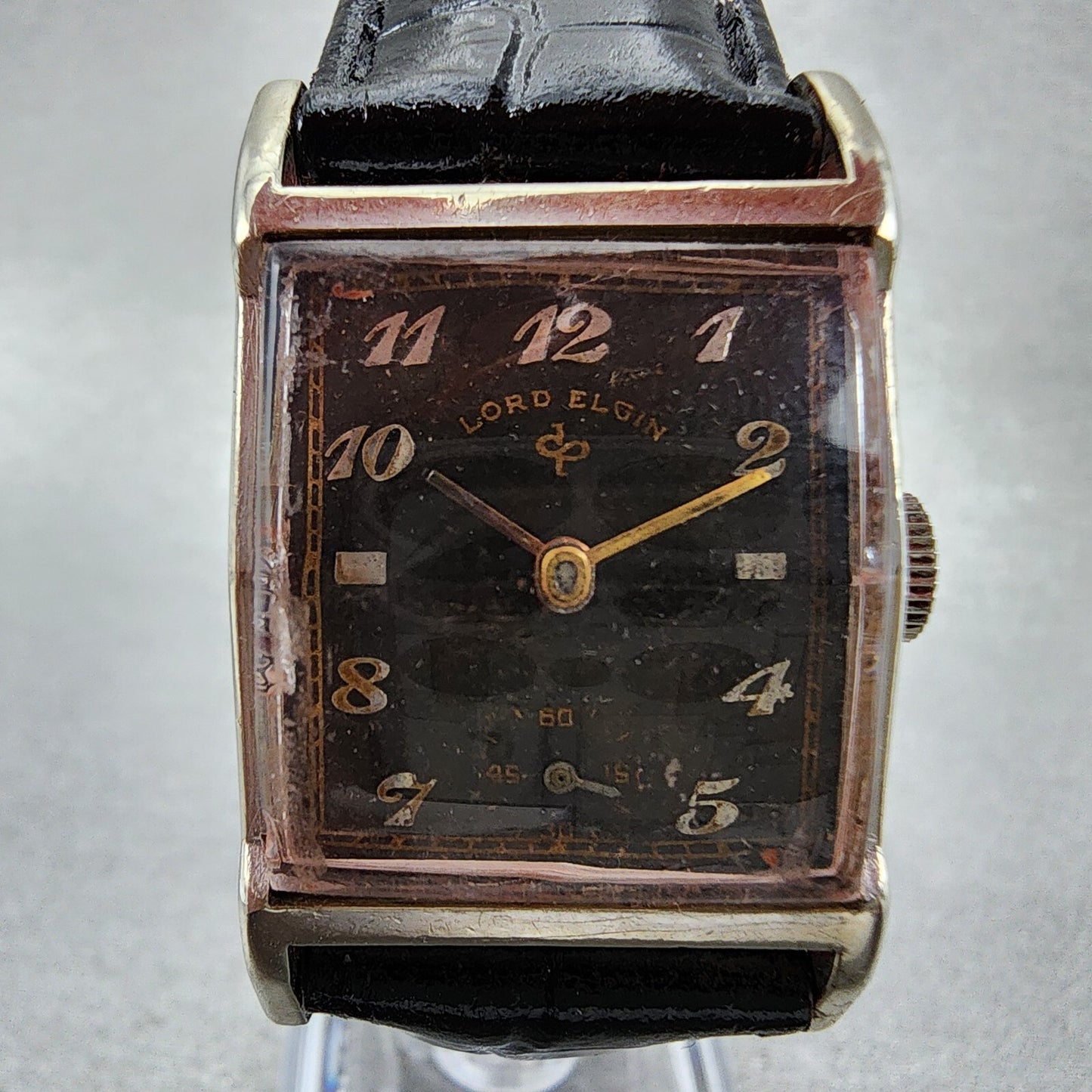 Lord Elgin Tank Watch Men 23mm Black Dial Silver Tone Manual Rectangle Runs