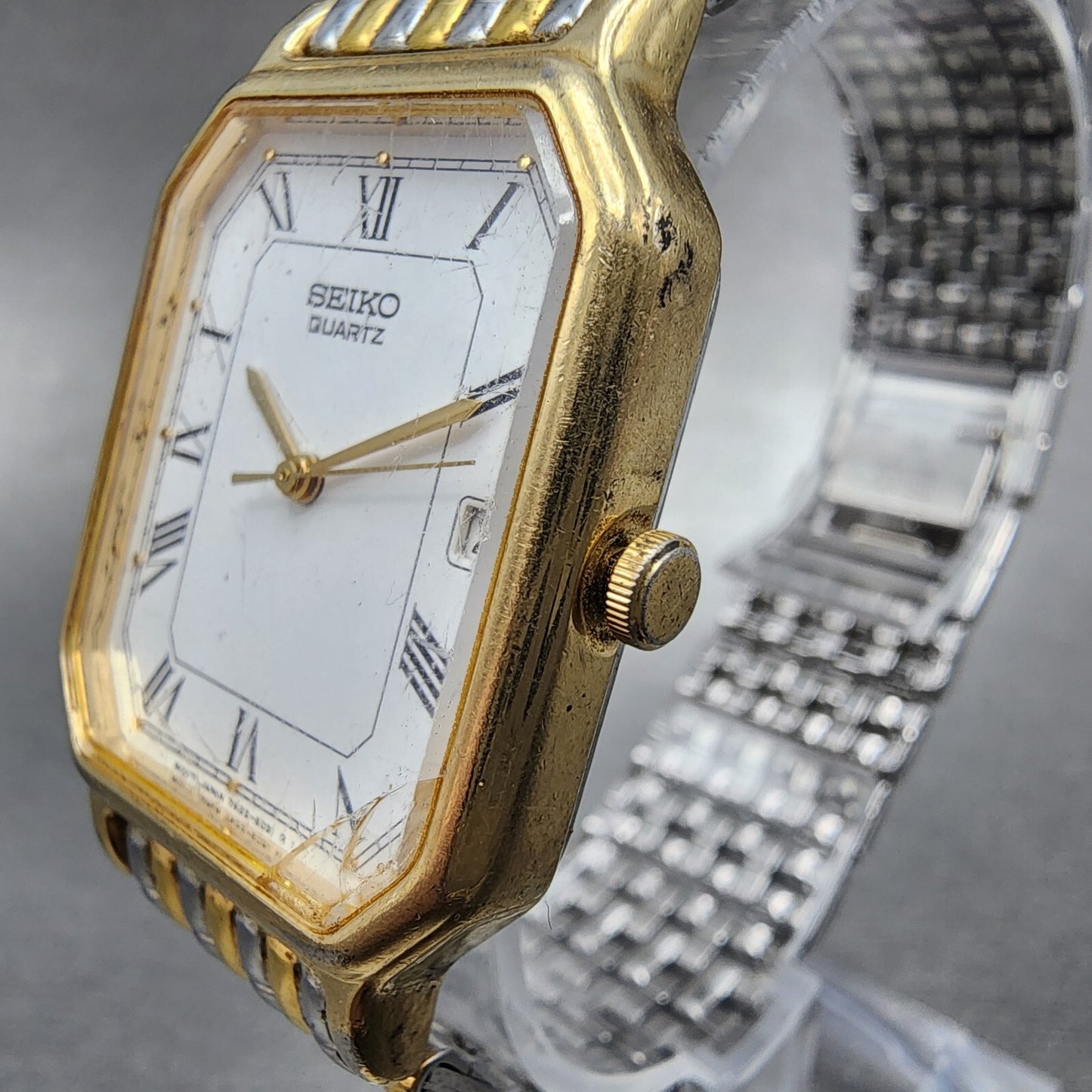 Seiko Tank Watch 26mm Men White Dial Two Tone Date 7n22-5011 New Battery