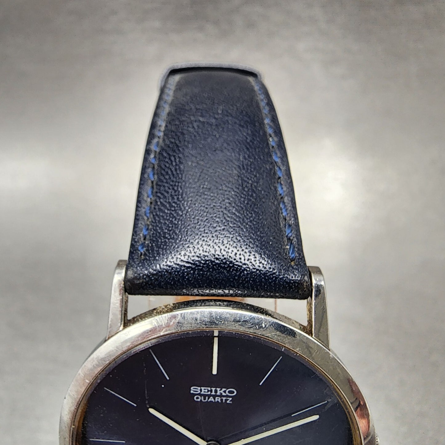 VTG Seiko Watch Men 32mm Blue Dial Steel Blue Leather Round 43-0240 New Battery