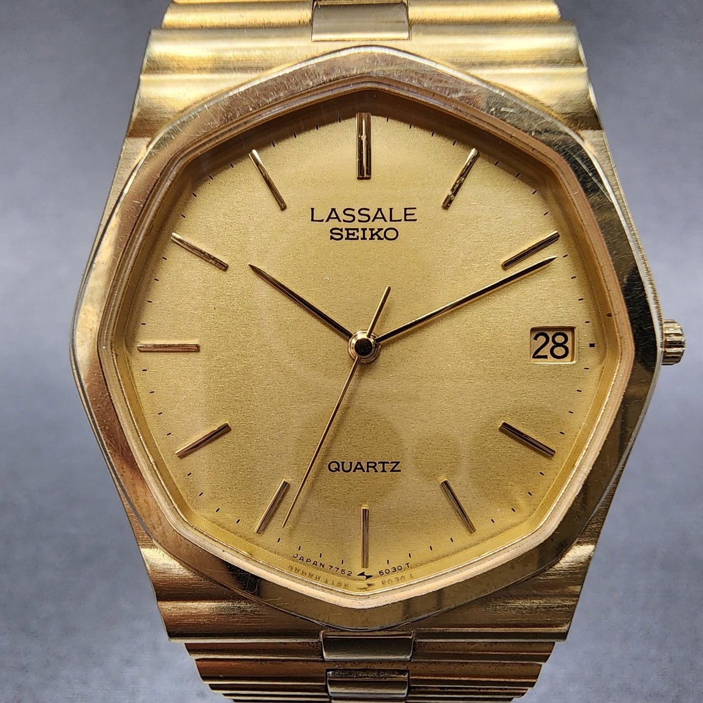 Seiko Lassale Watch Men 32mm Champagne Dial Gold Tone Date 7752-5019 New Battery