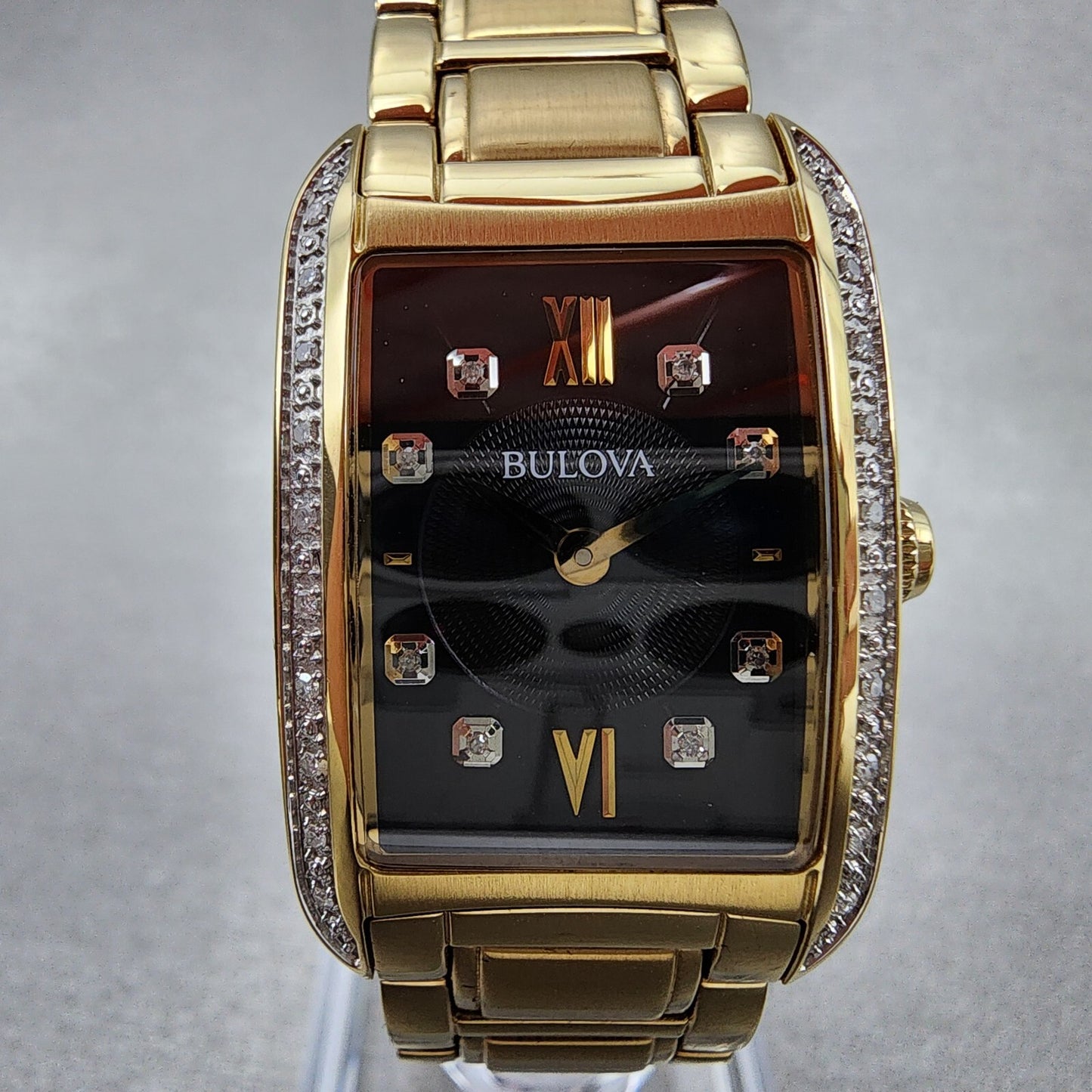 Bulova Sutton Tank Watch Women Black Dial Gold Tone Diamond Bezel New Battery
