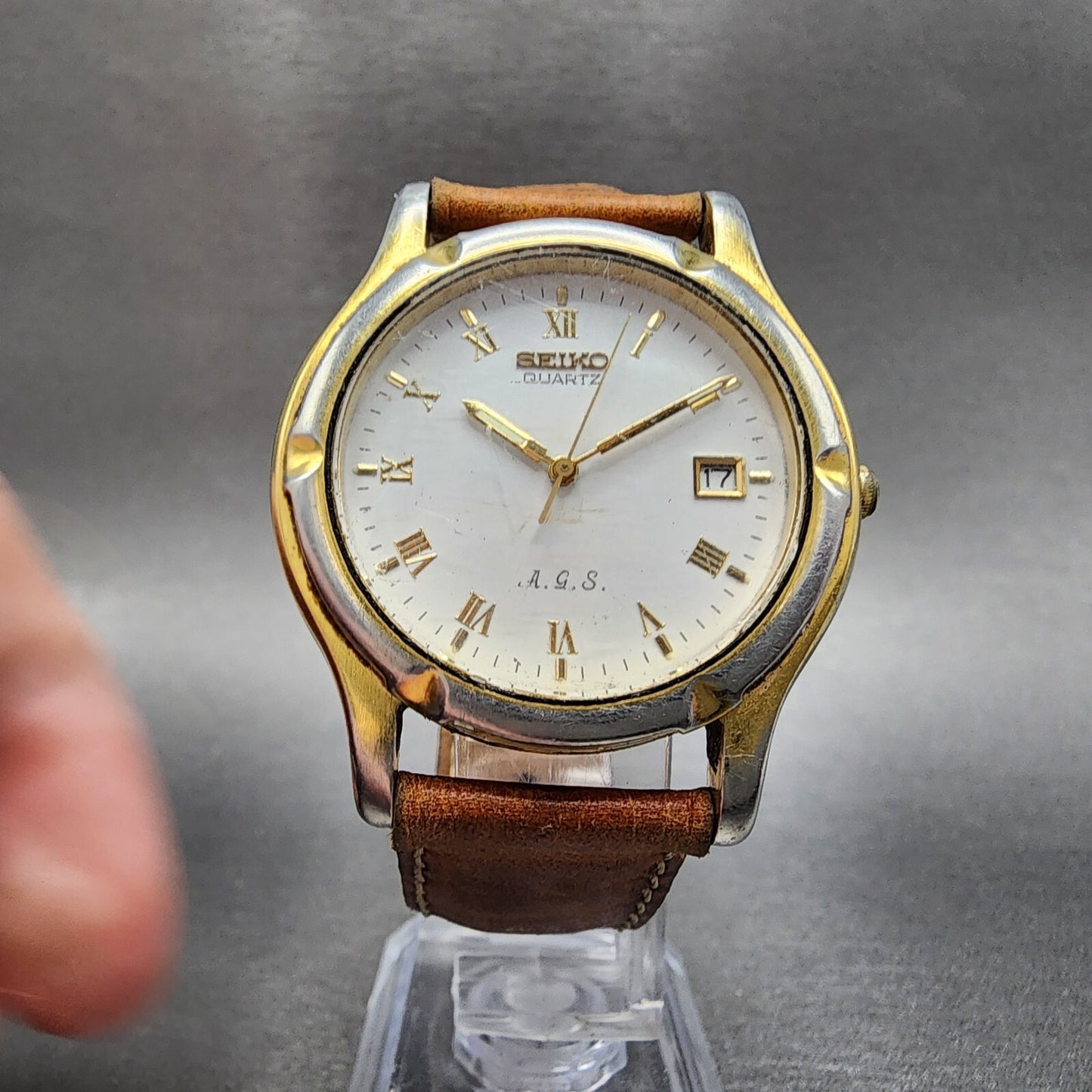 Seiko AGS Watch Men 37mm White Dial Gold Tone Date Round 7M22-8A29 PARTS