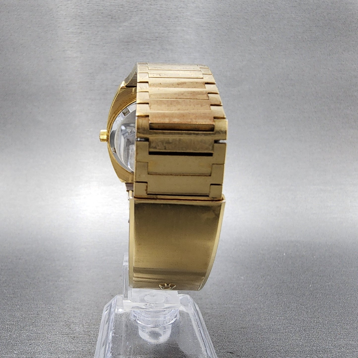 Bulova Automatic Watch Men 36mm Gold Dial Gold Tone Daydate TV Rectangle Runs