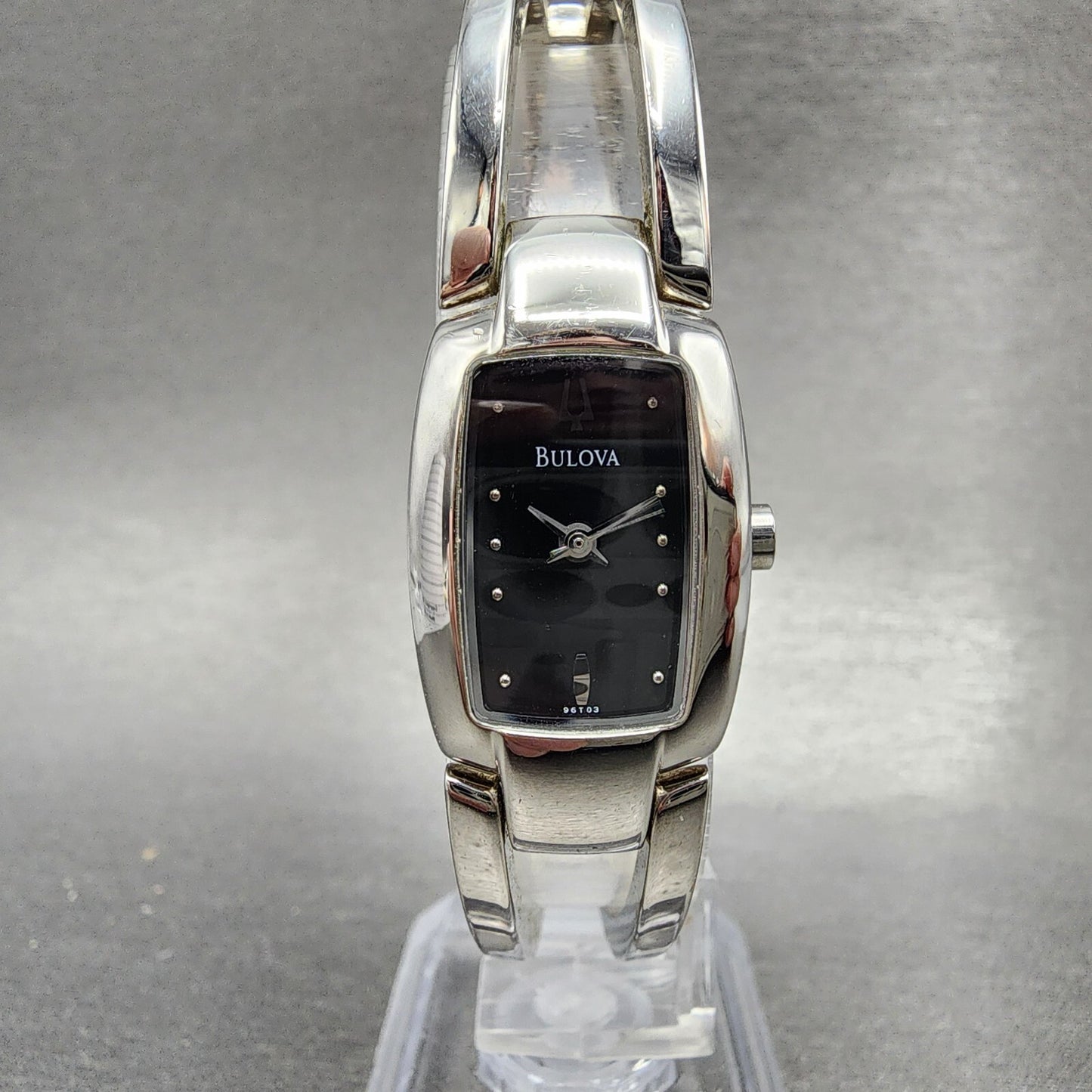Bulova Tank Watch Women 17mm Black Dial Steel Rectangle 96T03 New Battery