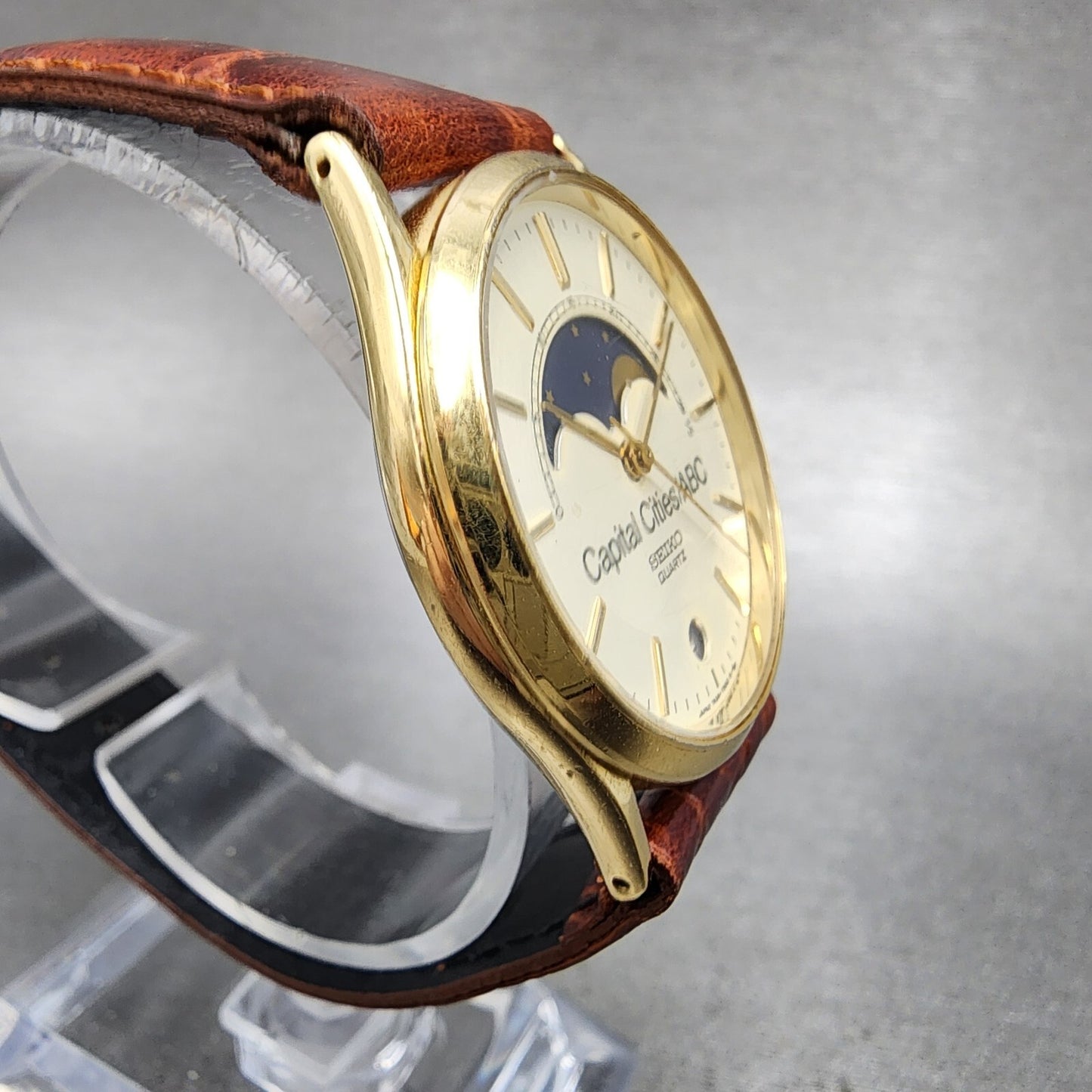 Seiko Moonphase Watch Men 32mm Silver Dial Gold Tone Date 7434-7008 PARTS