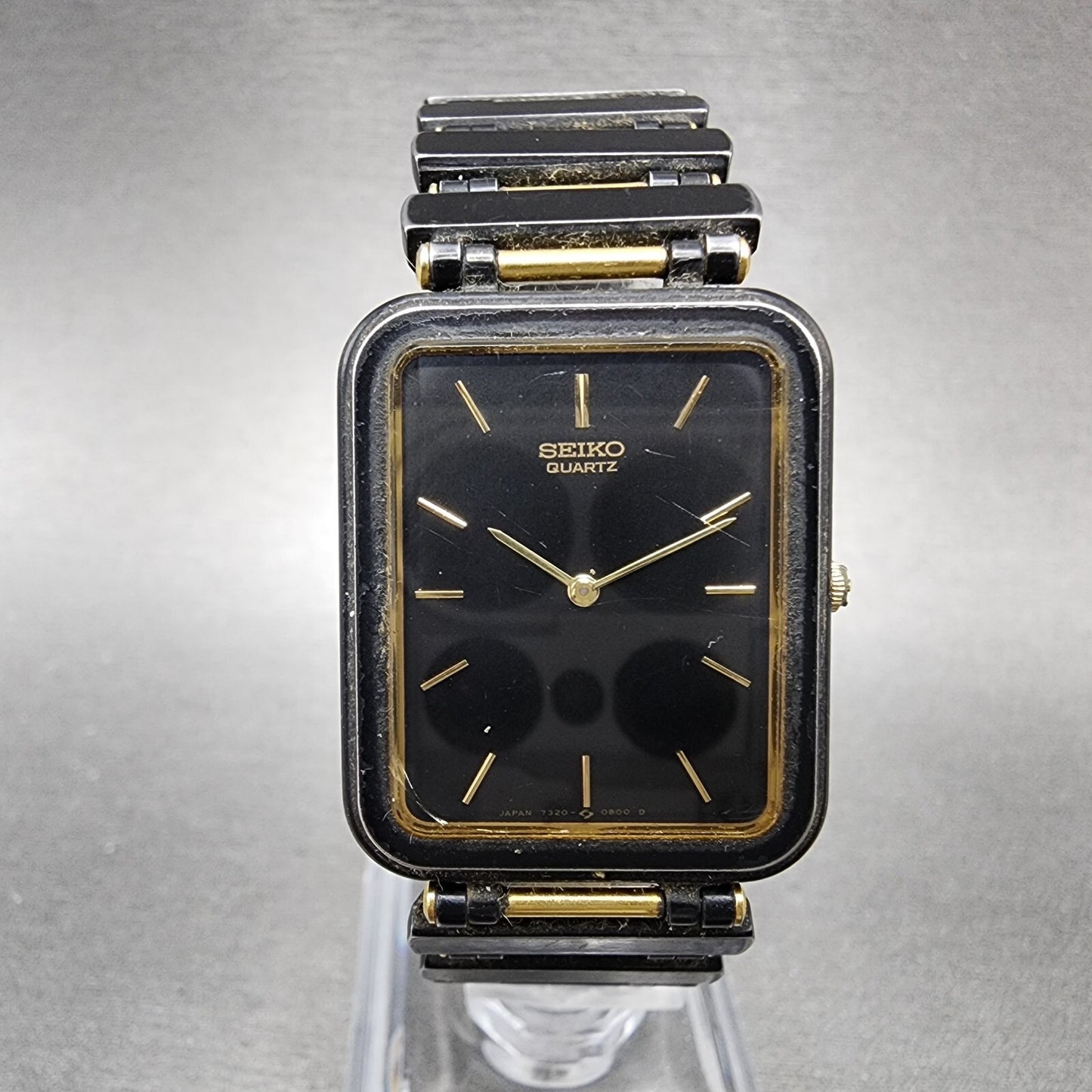 Seiko Tank Watch Men 23mm Black Dial Black Tone Rectangle 7320-5989 New Battery