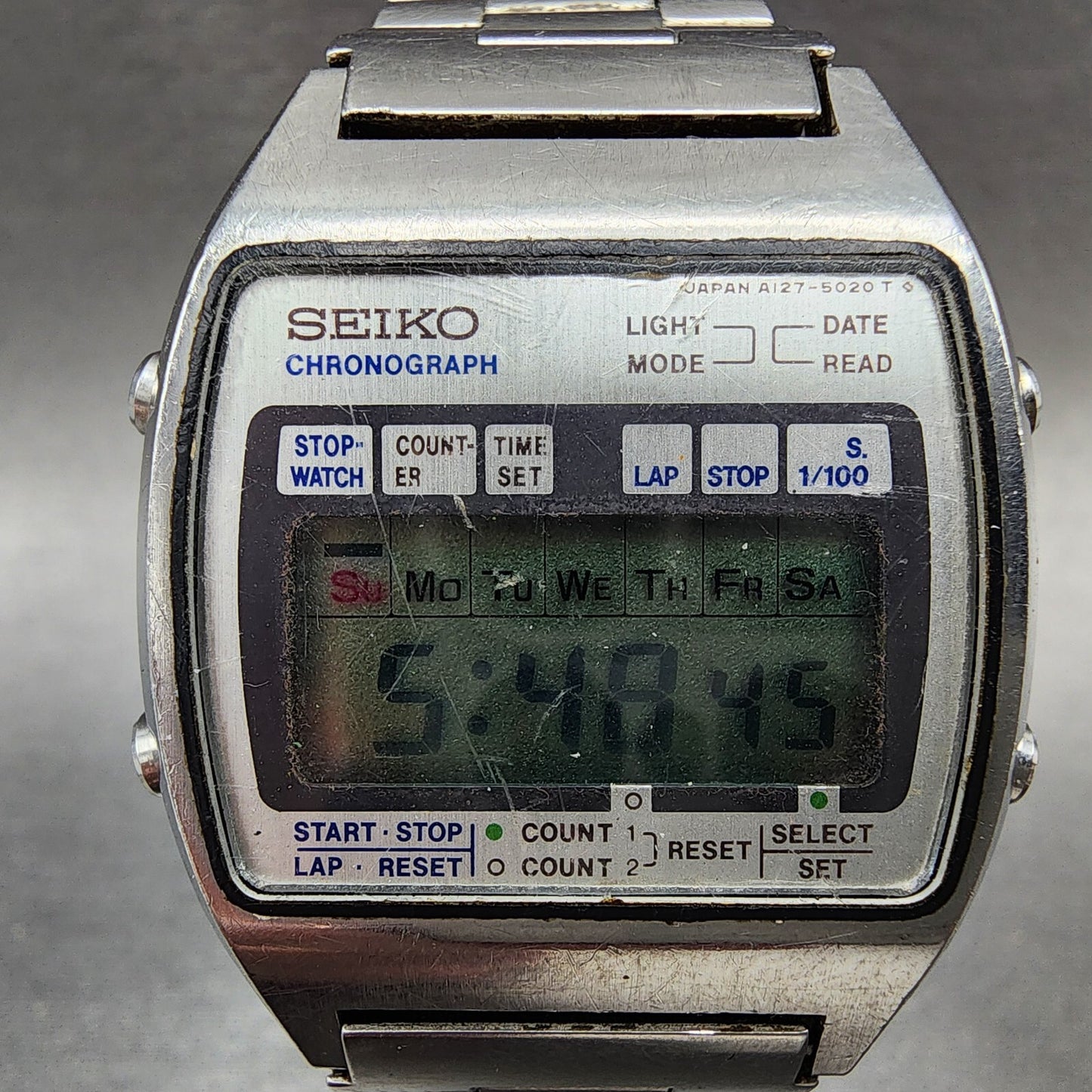 Seiko Digital Watch Men 34mm Steel Chronograph A127-5029 New Battery