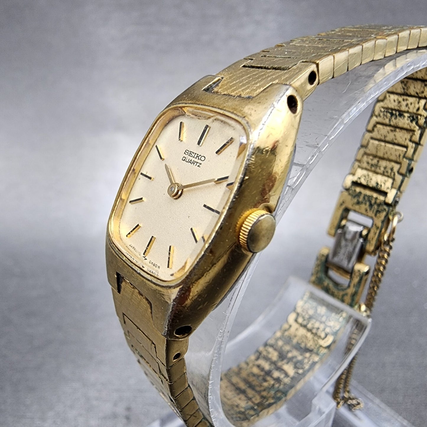 Seiko Watch Women 16mm Gold Dial Gold Tone Rectangle 16-5009 New Battery