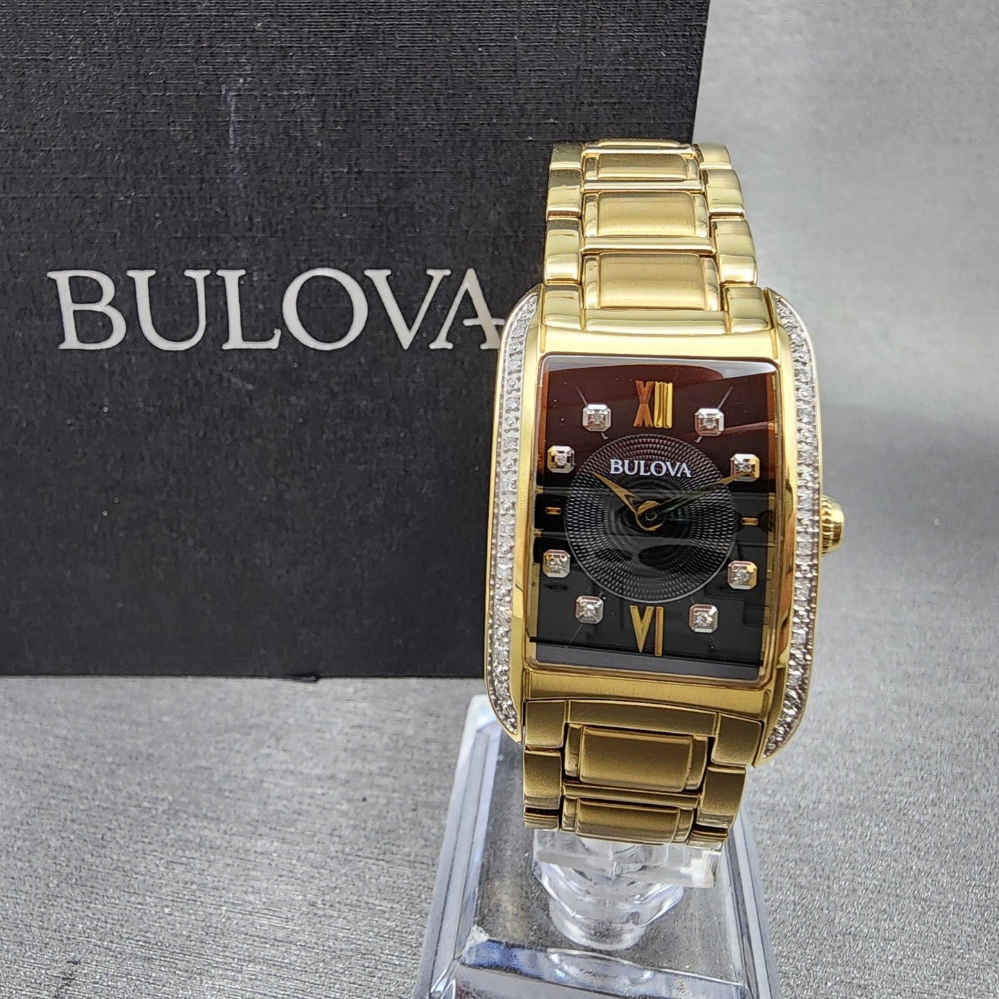Bulova Sutton Tank Watch Women Black Dial Gold Tone Diamond Bezel New Battery