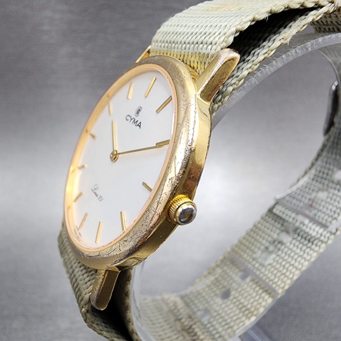 Cyma Louis XV Watch Men 32mm White Dial Gold Tone Round Nato Strap New Battery