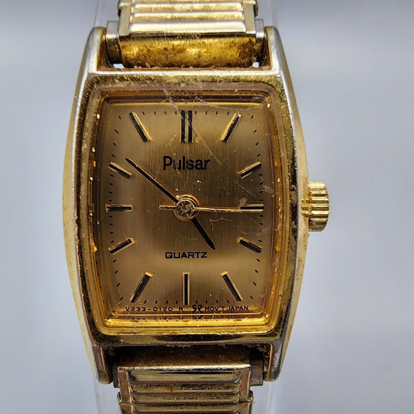 VTG Pulsar Watch Women Gold Tone Rectangle 16mm V233-5100 Stretch Band New Batt