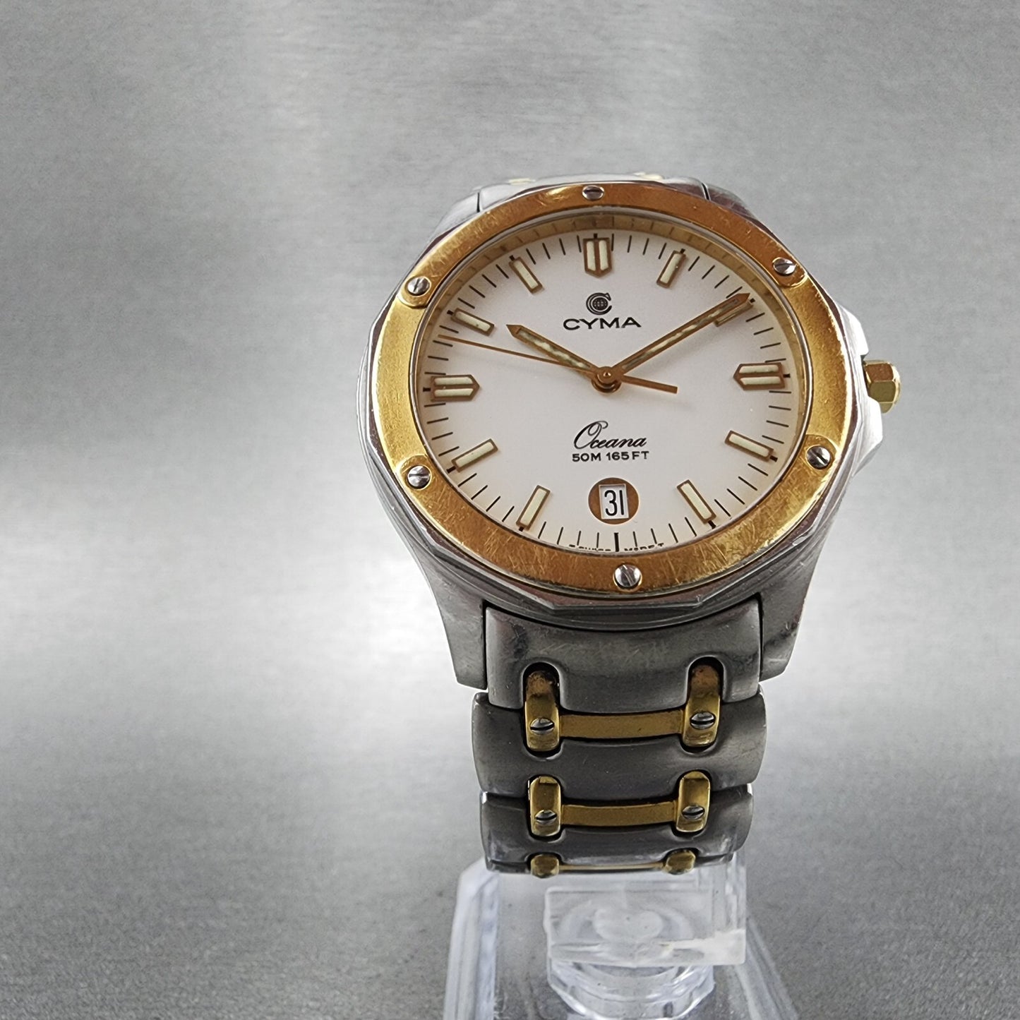 Cyma Oceana Watch Men 36mm White Dial Two Tone Date New Battery