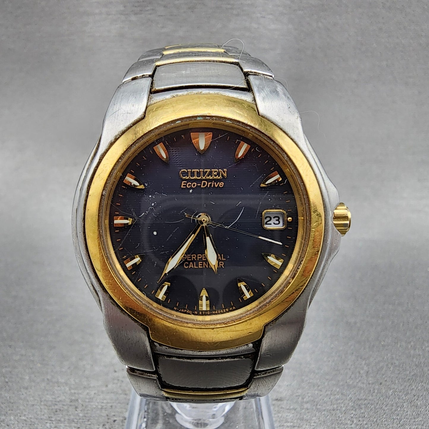 Citizen Eco-Drive Perpetual Calendar Watch Men 37mm Blue Dial Two Tone Date Runs