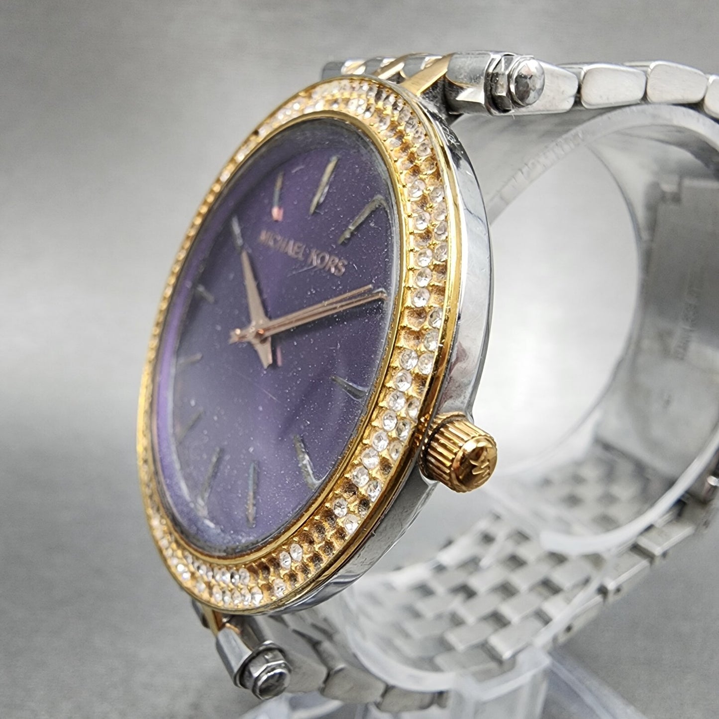 Michael Kors Darci Watch Women 39mm Purple Dial Two Tone Round MK3353 New Batt