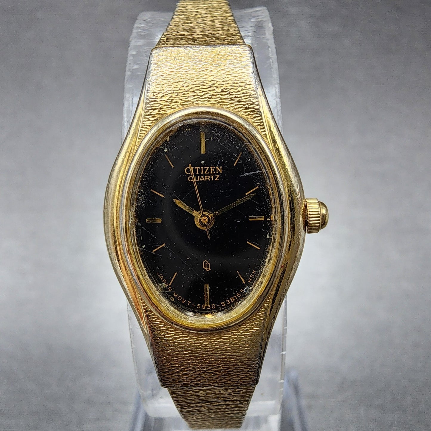 VTG Citizen CQ Watch Women 16mm Black Dial Gold Tone Oval 5930-S25350 New Batt