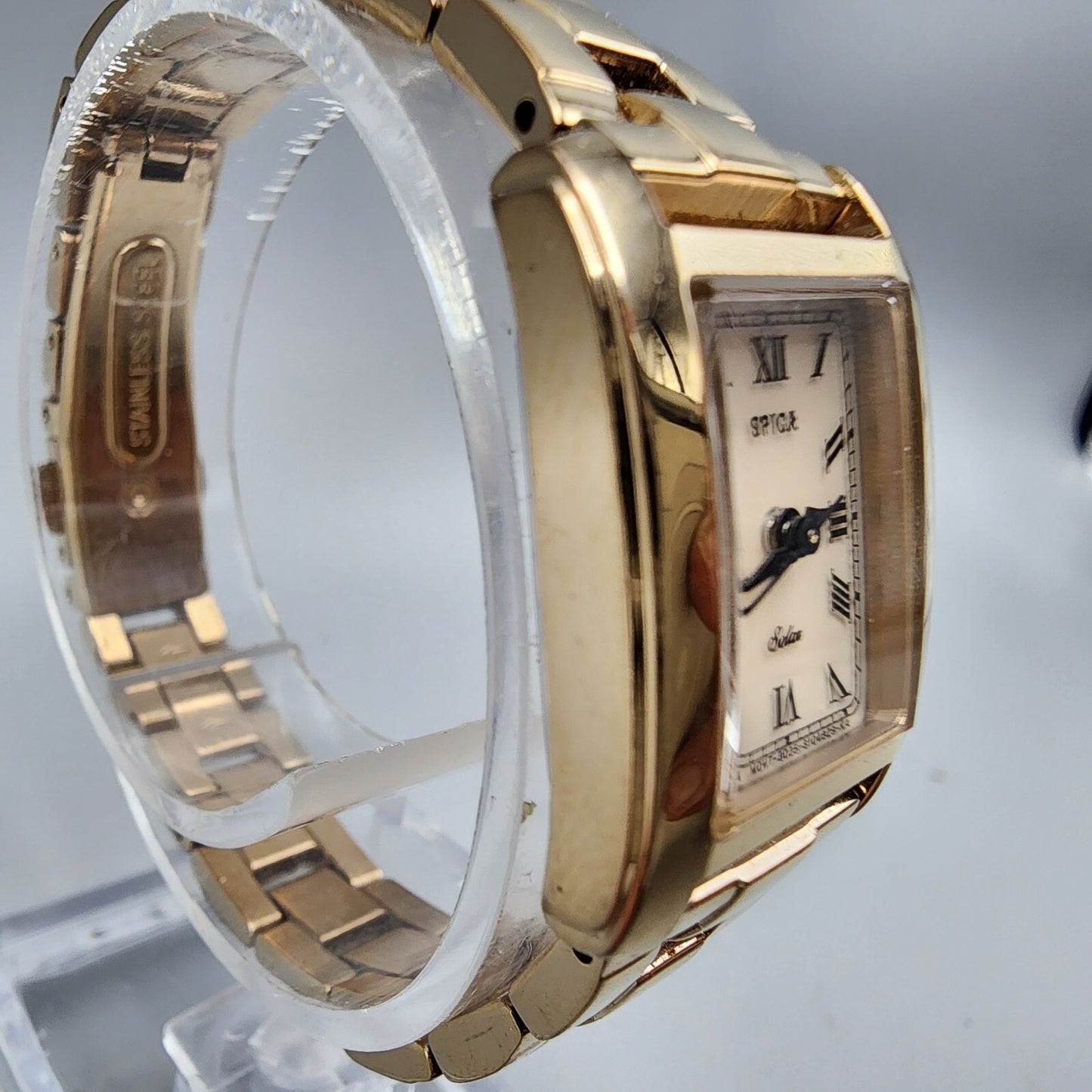 Spica Tic Tac Watch Women Rose Gold Tone Cream Dial Solar 19mm Rectangle Works