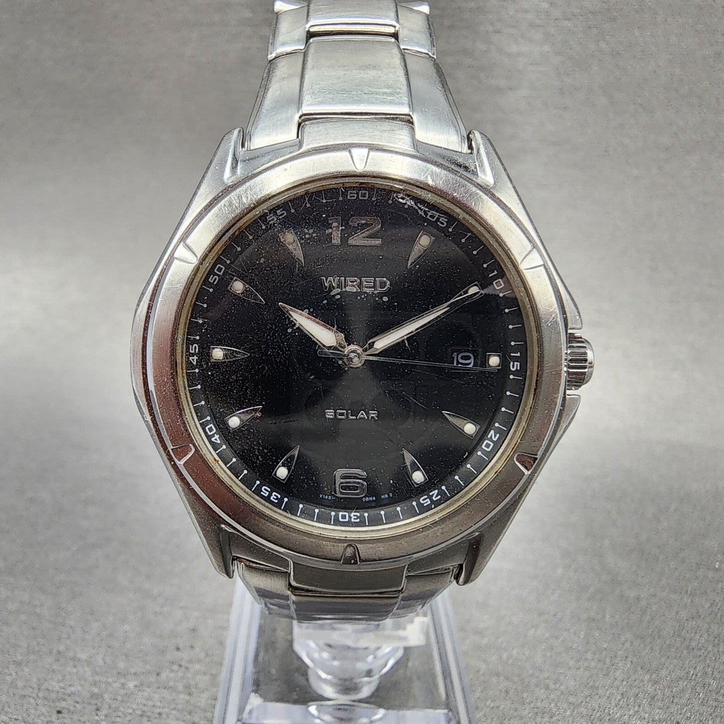 Seiko Wired Solar Watch Men 37mm Black Dial Silver Tone Date V145-0av0 Runs