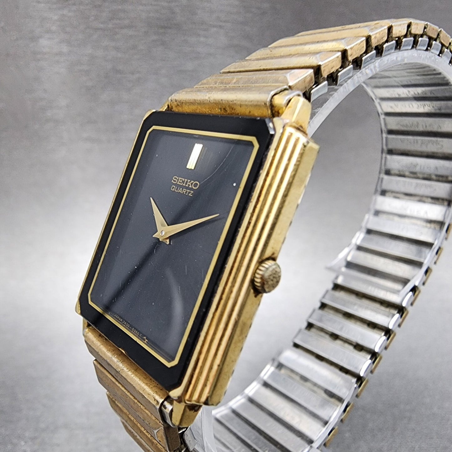 Seiko Tank Watch Men 26mm Black Dial Gold Tone Rectangle 7430-5169 New Battery