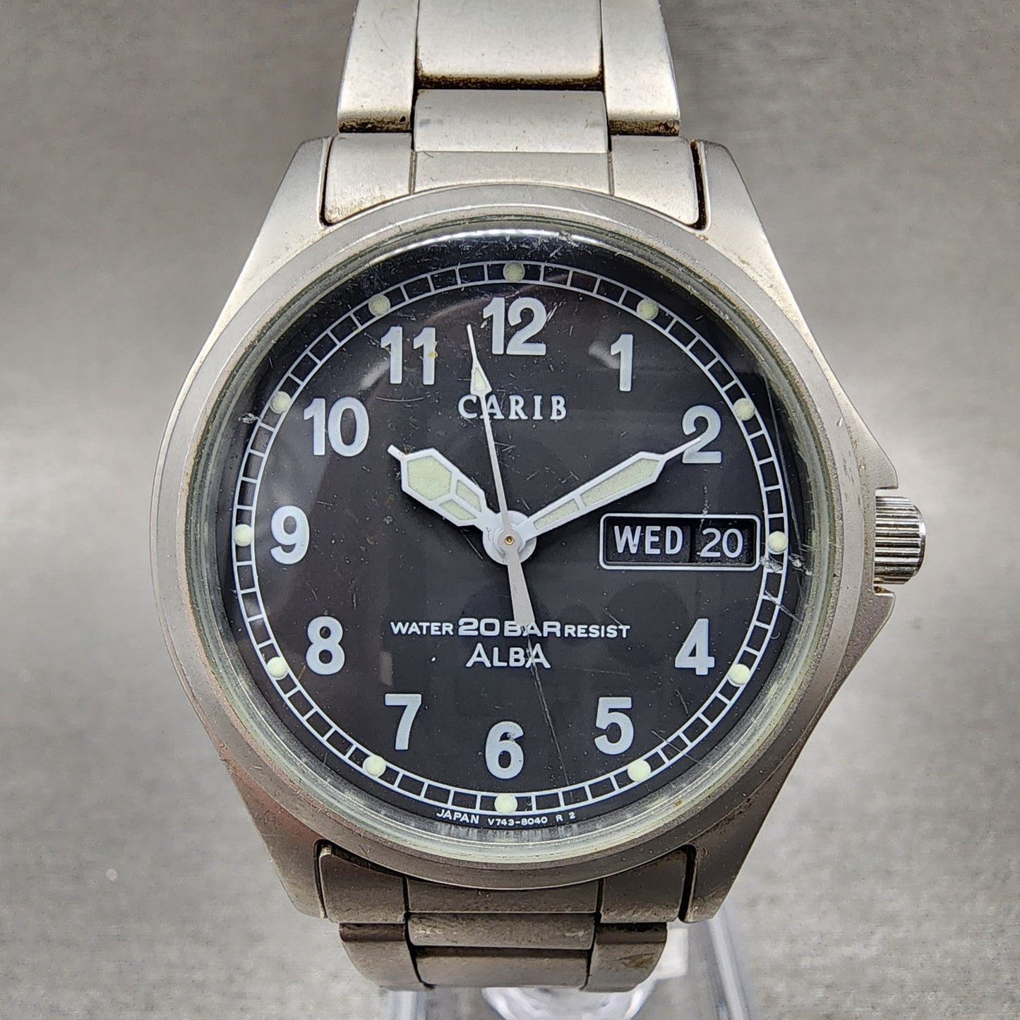 Seiko Alba Carib Watch Men 36mm Black Dial Silver Tone Daydate V743-8000 New Bat