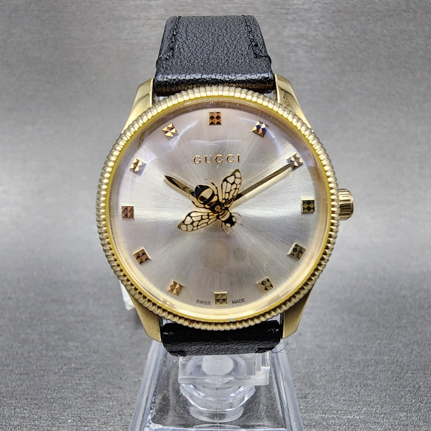 Gucci G-Timeless Watch Women 29mm Silver Dial Gold Tone Round Leather YA1265023