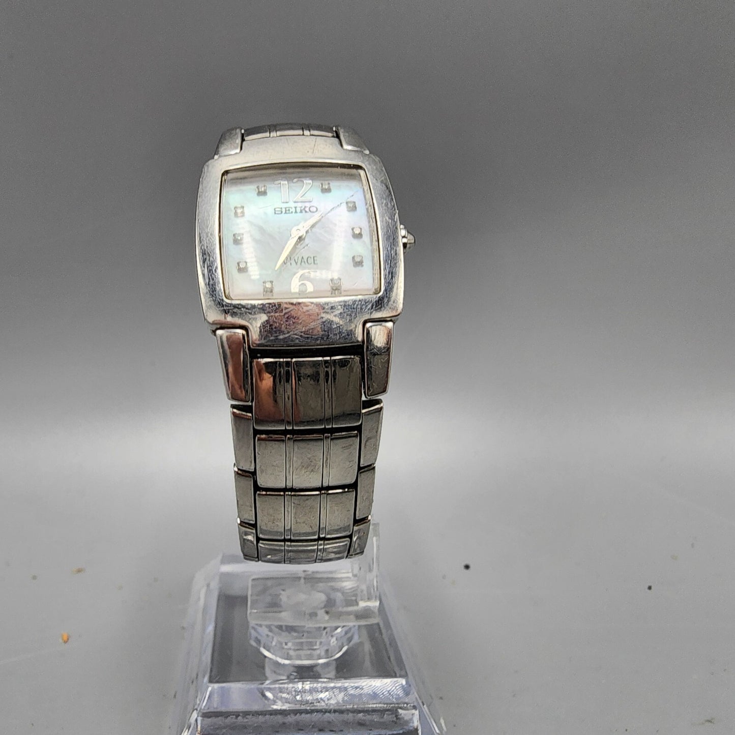 Seiko Vivace Watch Women Silver Tone MOP Dial Diamond Markers 22mm Square NewBat