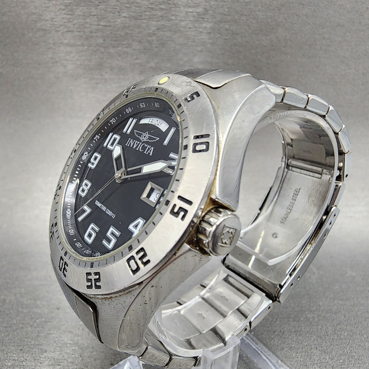 Invicta Watch Men 44mm Black Dial Silver Tone Daydate Round New Battery