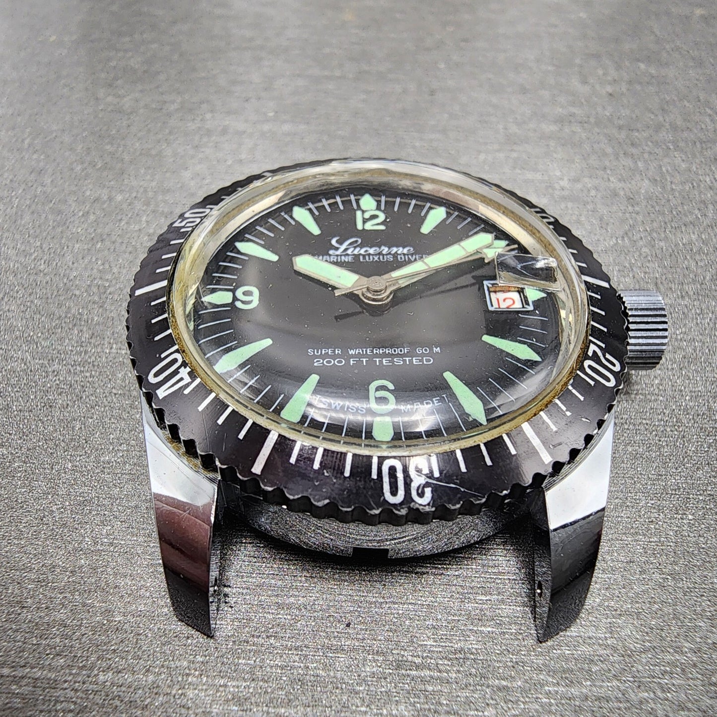 Lucerne Marine Luxus Diver Watch Men 36mm Black Dial Silver Tone Date PARTS
