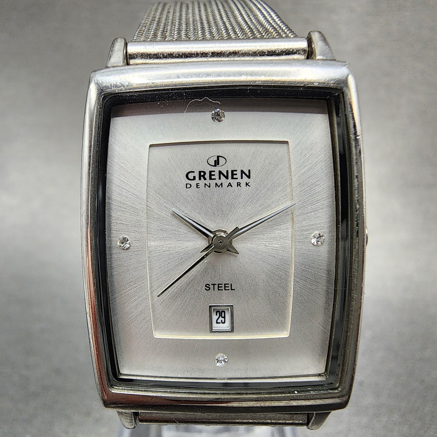Skagen Grenen Tank Watch Women 23mm Silver Dial Steel Date Rectangle New Battery
