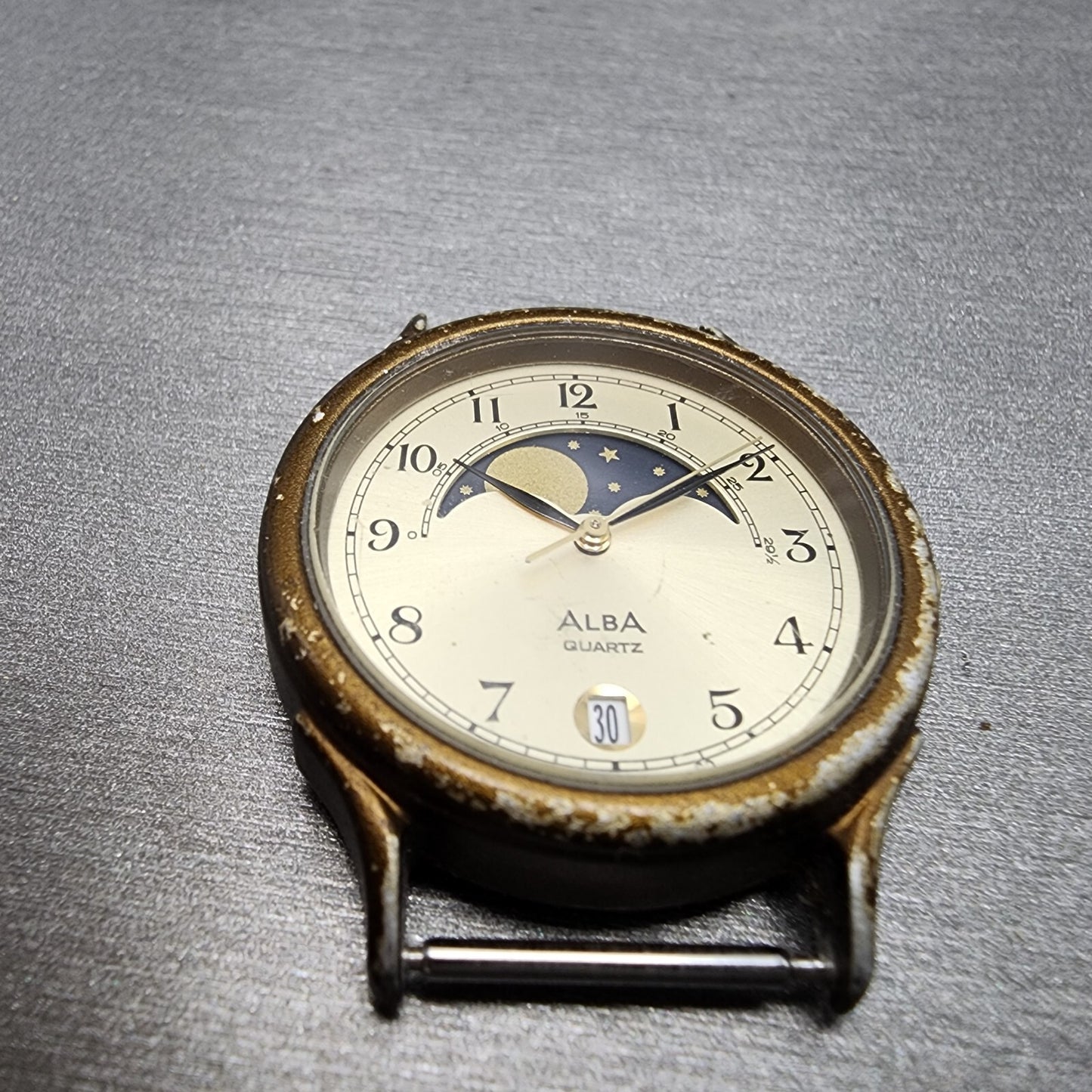Seiko ALBA Moonphase Watch Men 31mm Champange Dial Bronze Tone Round New Battery