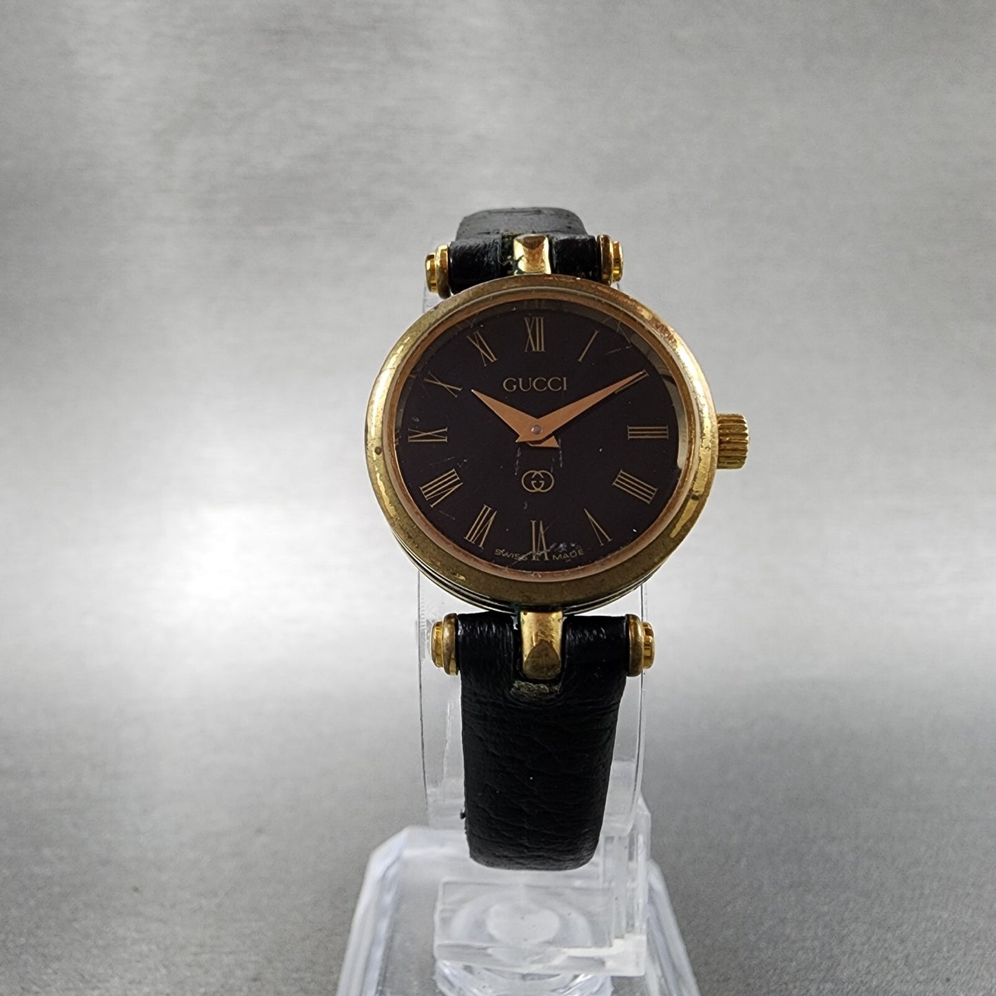Gucci 2000L Watch Women 22mm Black Dial Gold Plated Round New Battery