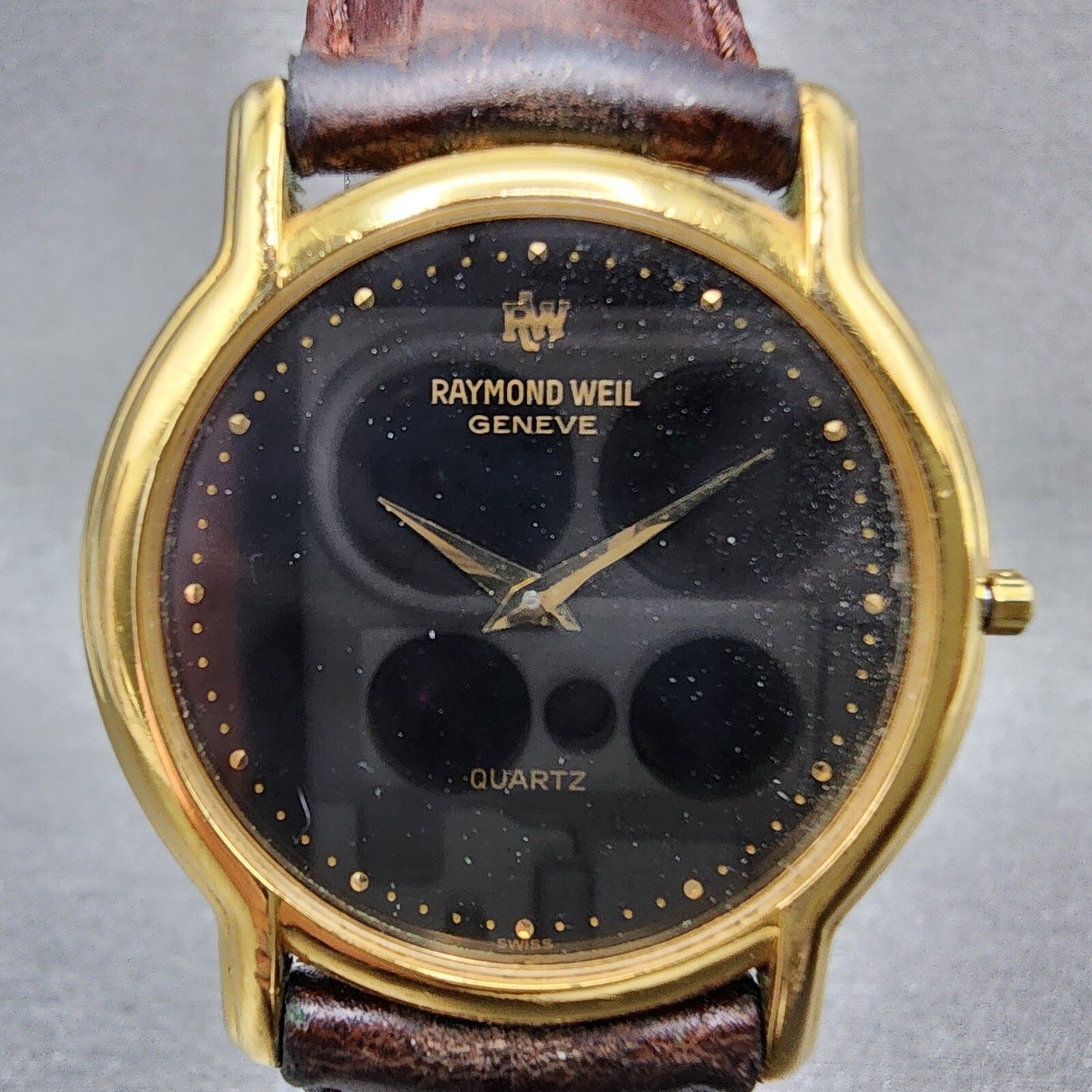 Raymond Weil Watch Men 32mm Black Dial Gold Plated Round 114 New Battery