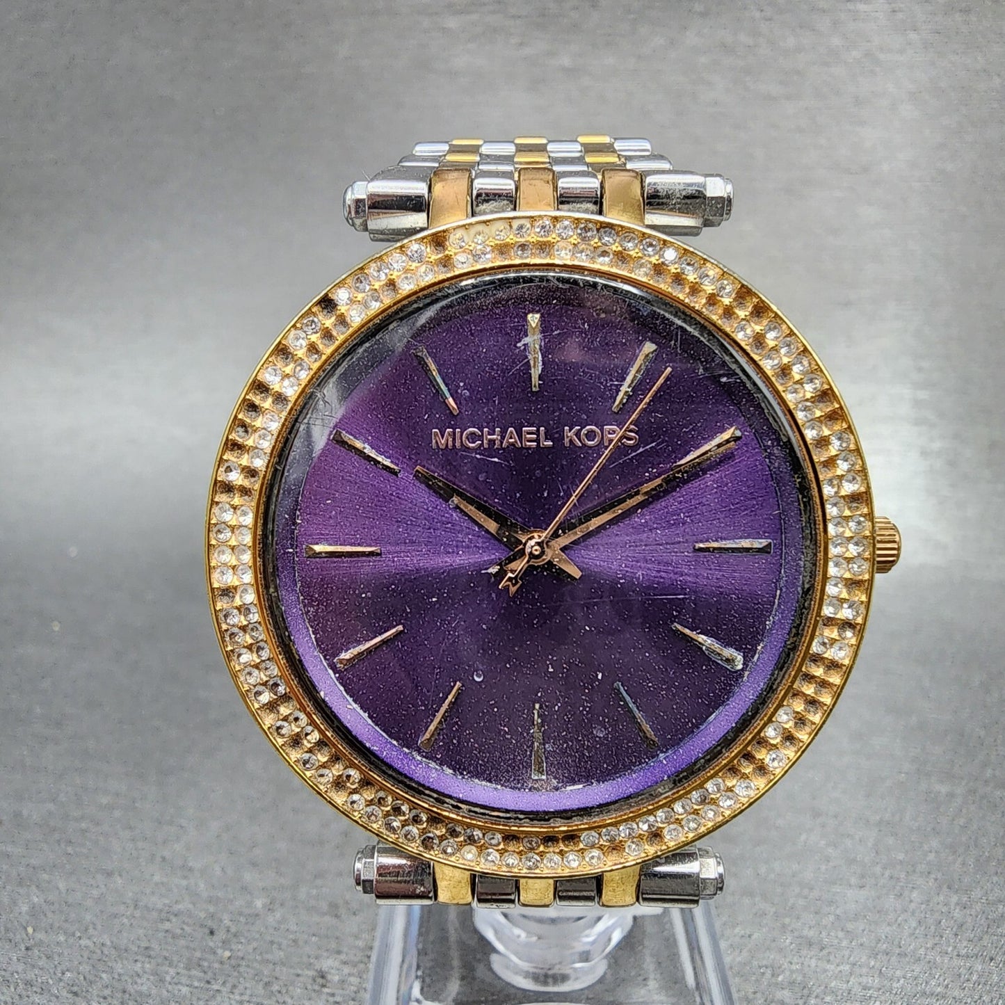 Michael Kors Darci Watch Women 39mm Purple Dial Two Tone Round MK3353 New Batt