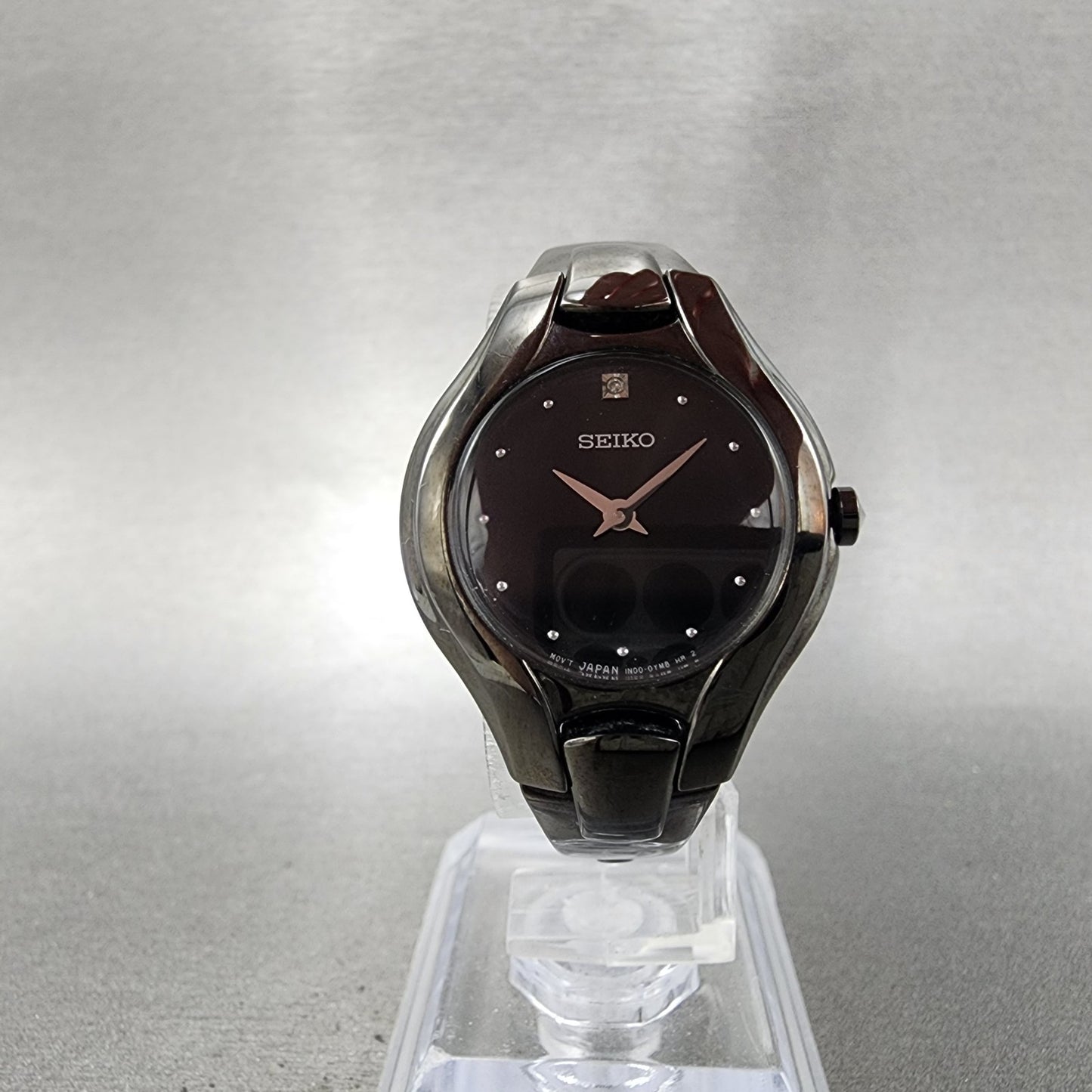 Seiko Watch Women 25mm Black Dial Black Tone Diamond 1n00-0rc0 New Battery