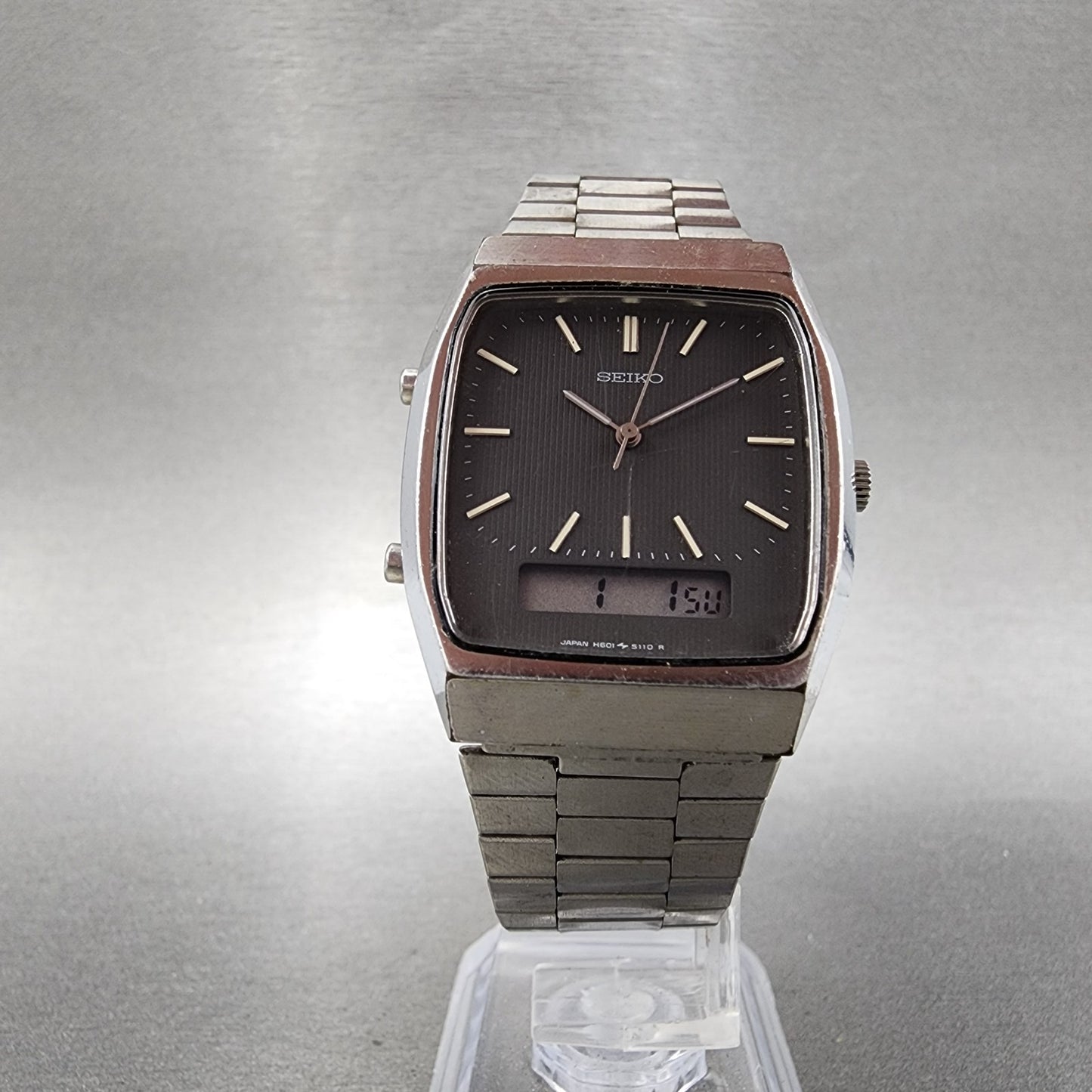 Seiko Analog Digital Watch Men 30mm Gray Dial Steel Rectangle H601-5060 New Batt