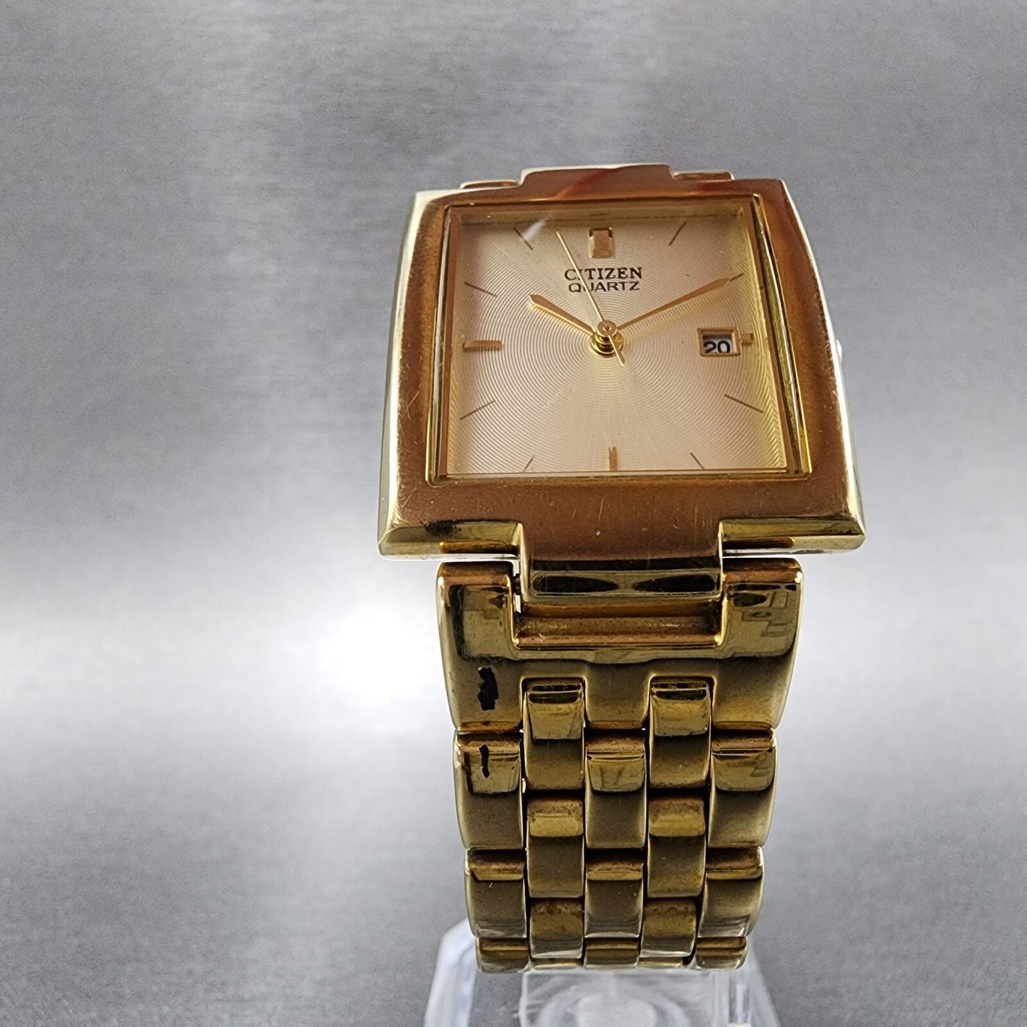Citizen Tank Watch Men 27mm Champagne Dial Gold Tone Rectangle New Battery