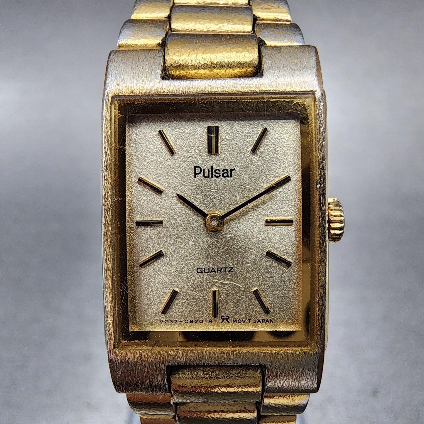 Pulsar Tank Watch Women 17mm Champagne Dial Gold Tone Rectangle New Battery