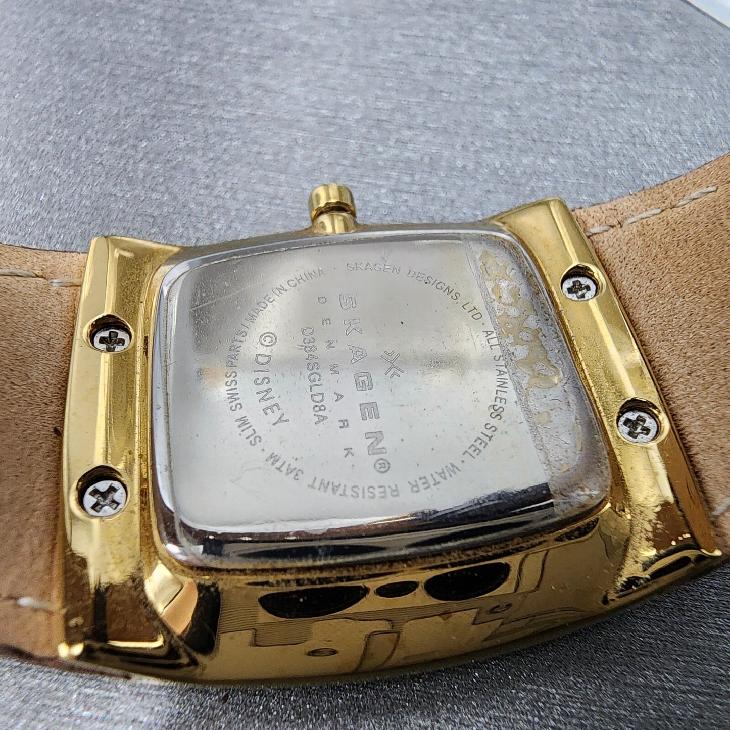 Skagen Mickey Mouse Watch Women 27mm White Dial Gold Tone Rectangle New Battery