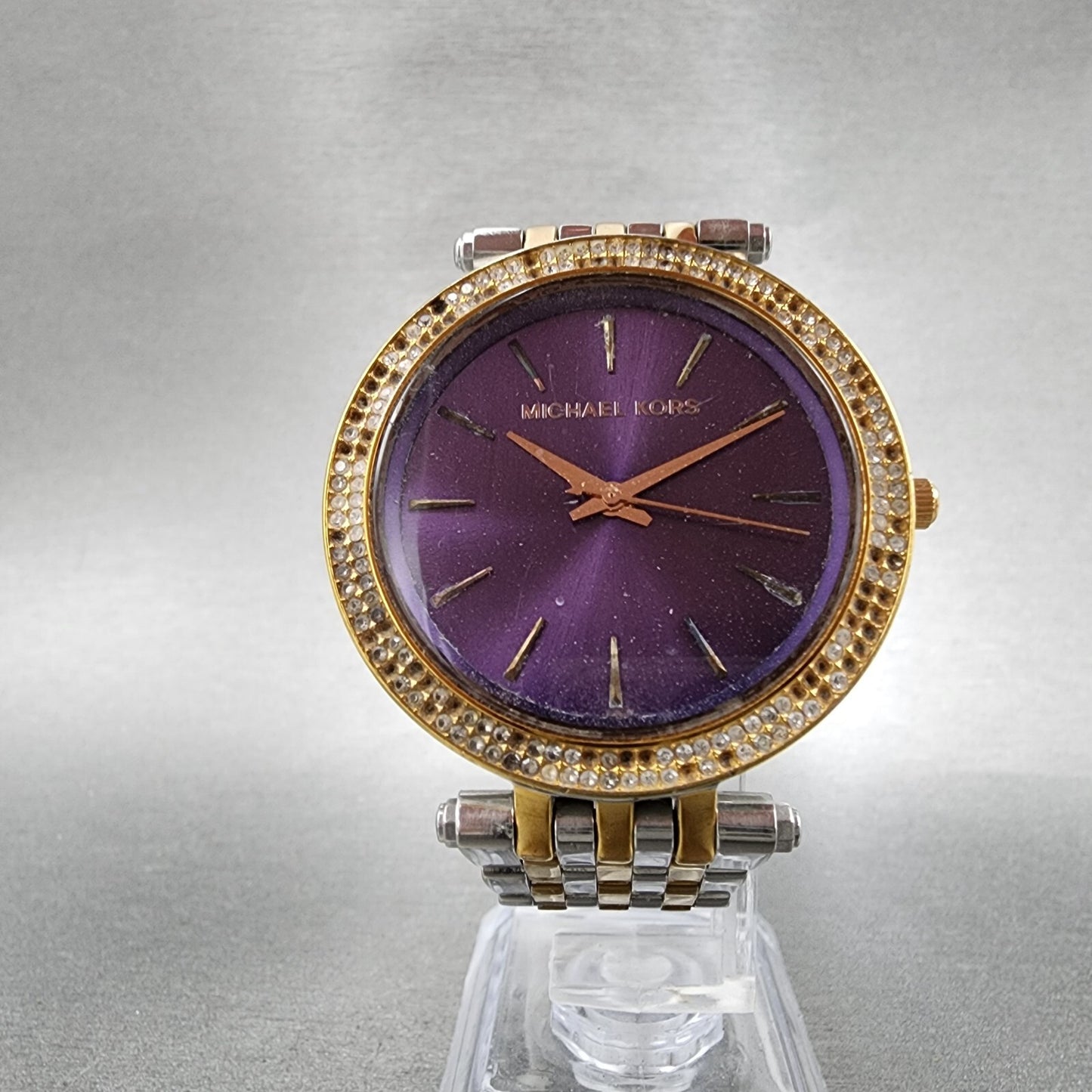 Michael Kors Darci Watch Women 39mm Purple Dial Two Tone Round MK3353 New Batt