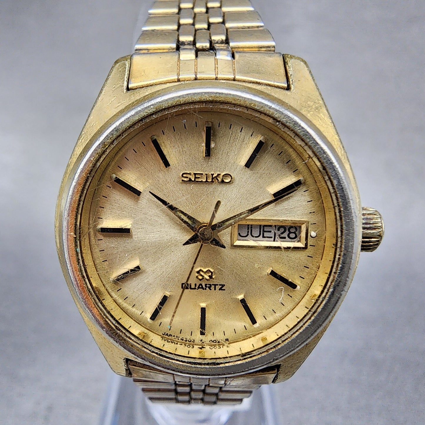 Seiko SQ Watch Women 25mm Champagne Dial Gold Tone Daydate Round New Battery