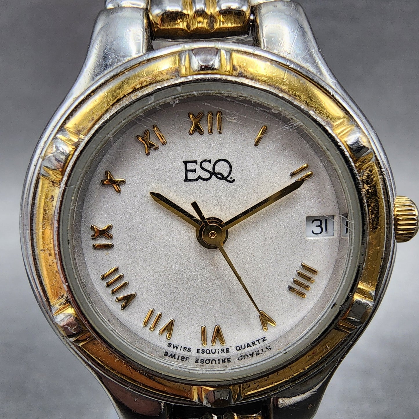 ESQ Watch Women 27mm Silver Dial Two Tone Date Round New Battery Vintage