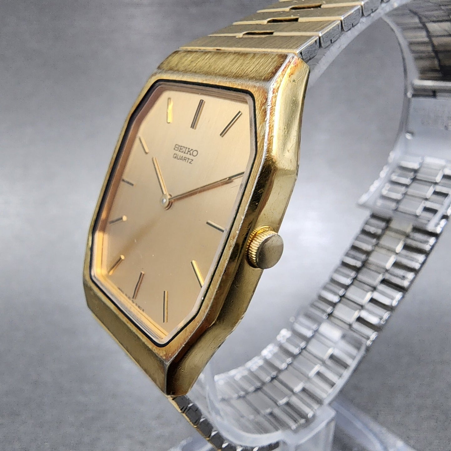 Seiko Tank Watch Men 28mm Gold Dial Gold Tone Octagon 7430-5079 New Battery