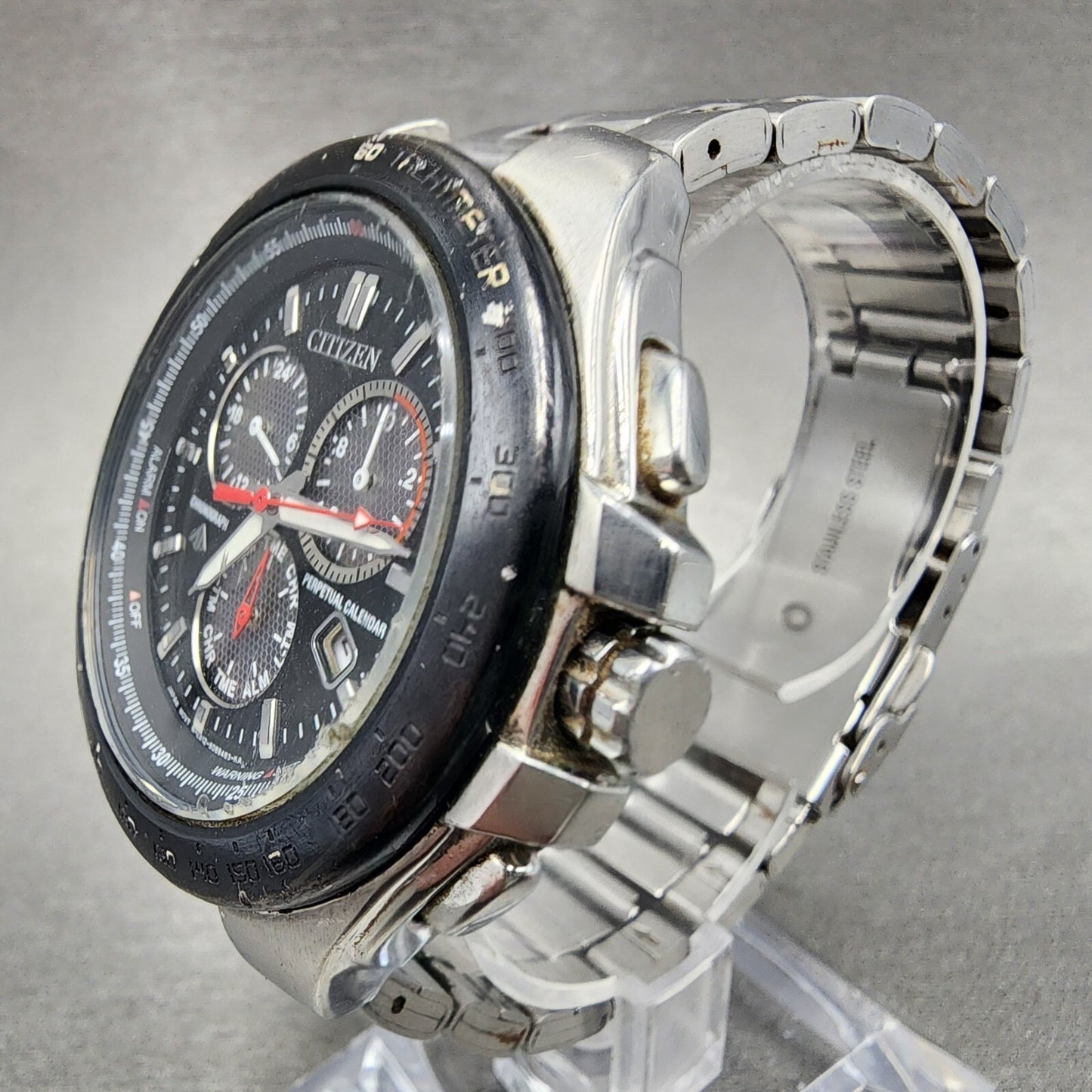Citizen Eco-Drive Chronograph Watch Men 47mm Black Dial Steel Date Round Runs