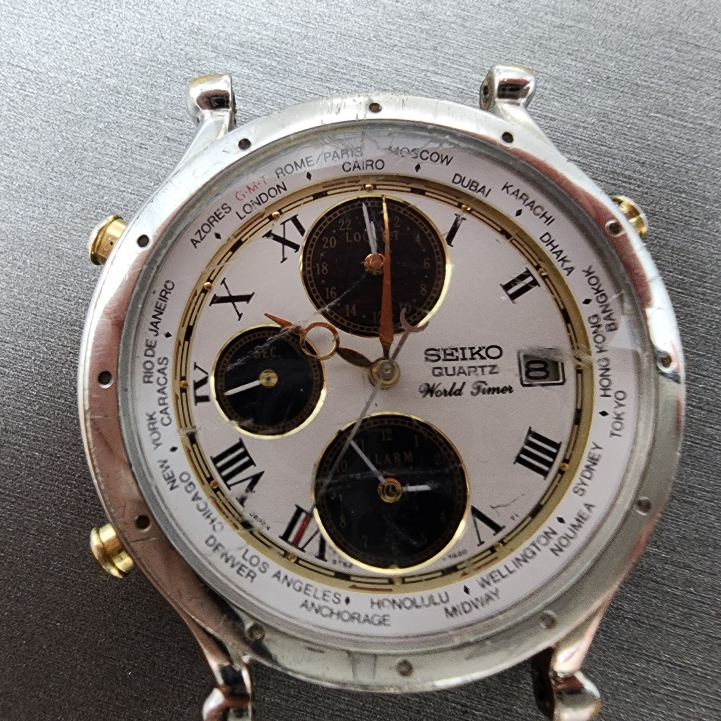 Seiko Age Of Discovery World Time Watch Men 39mm White Dial Steel 5t52-7a10 PART
