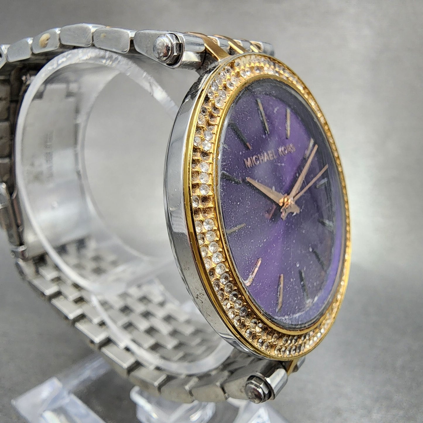 Michael Kors Darci Watch Women 39mm Purple Dial Two Tone Round MK3353 New Batt