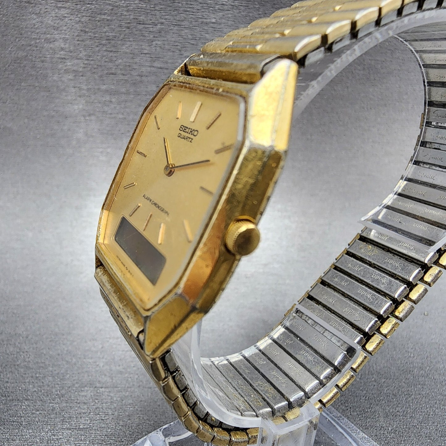 Seiko Analog Digital Watch Men 30mm Gold Dial Gold Tone Rectangle H448-5069 PART