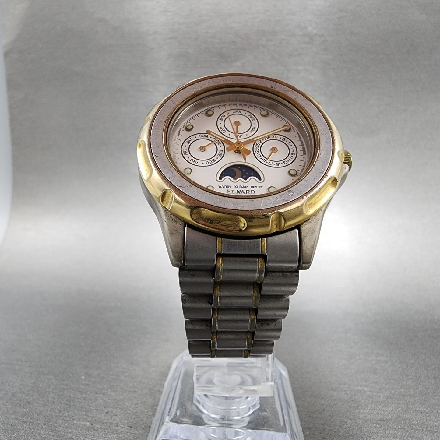 Elnard Triple Calendar Watch Men 37mm White Dial Two Tone Sun&Moon Round New Bat