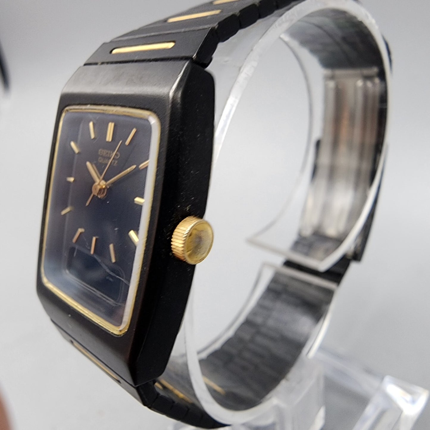 VTG Seiko Watch Women 22mm Analog Digital Black Gold Tone Rectangle New Battery