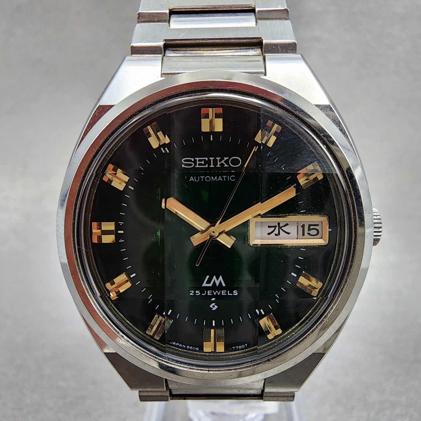 Seiko Lord Matic Watch Men 36mm Green Dial Silver Tone Daydaye 5606-7341 Runs